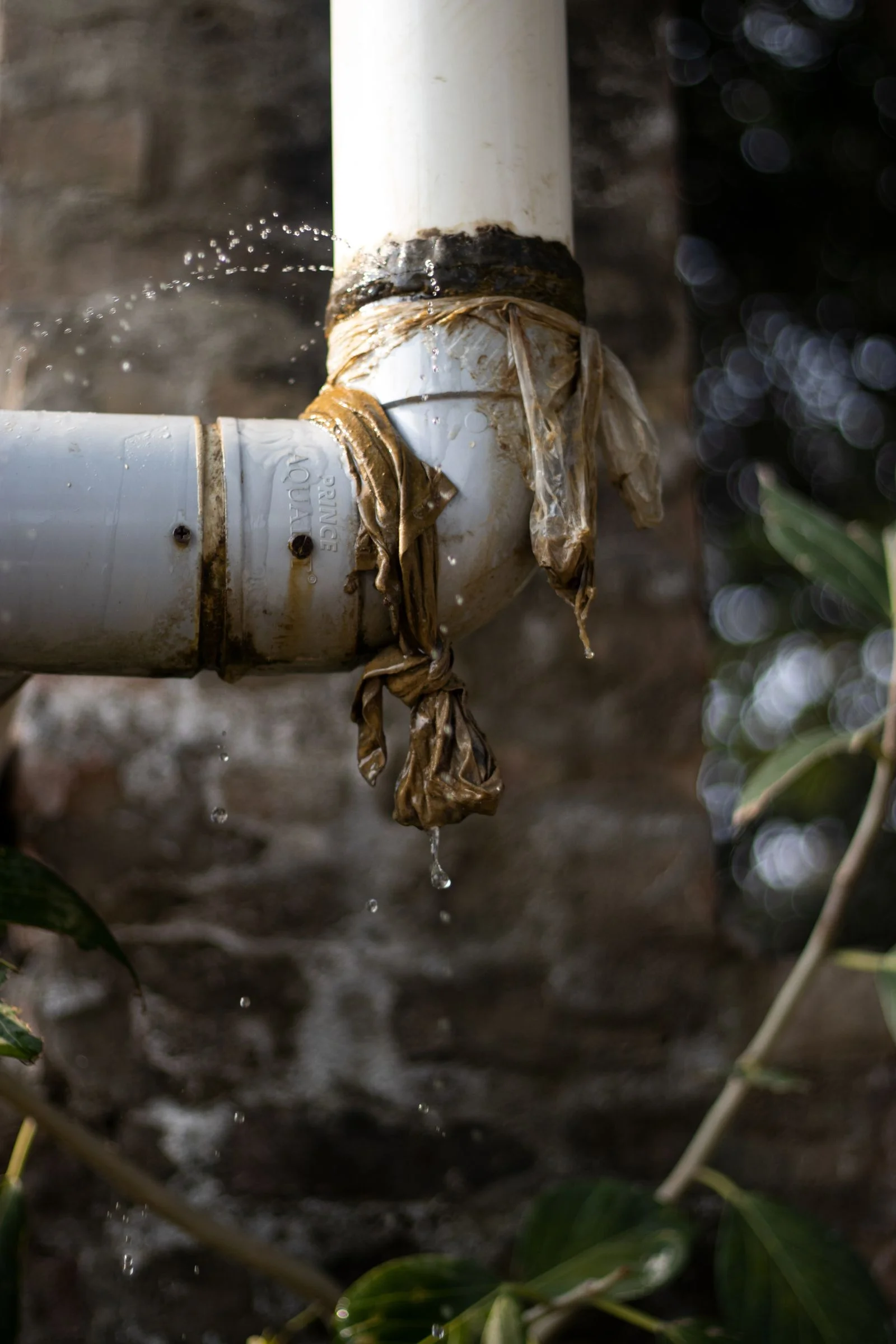 a failed water pipe joint bound up with cloth and plastic sheeting, still leaking, the kind of temporary patch a proper burst pipe repair in Cleveland TN replaces